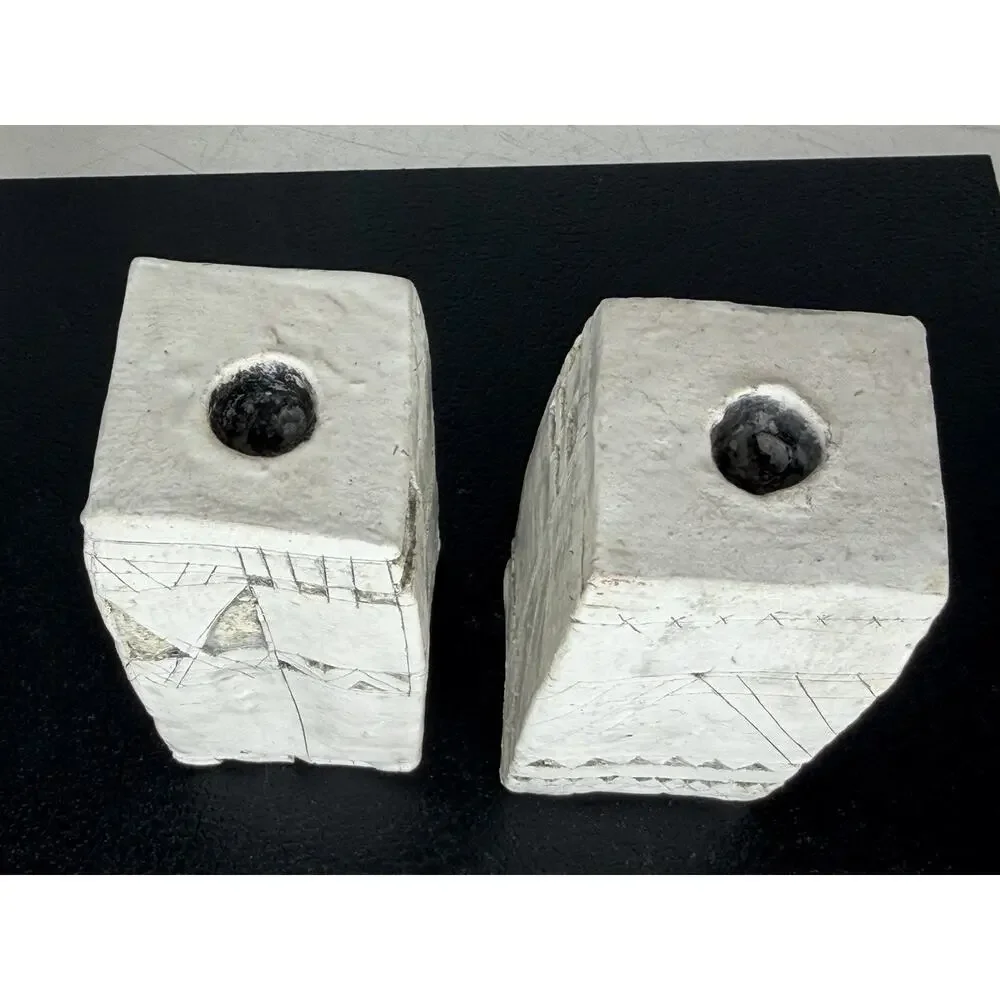 Vintage Abstract Art Carved Candle Holders Set Of 2 Column Artist Made White